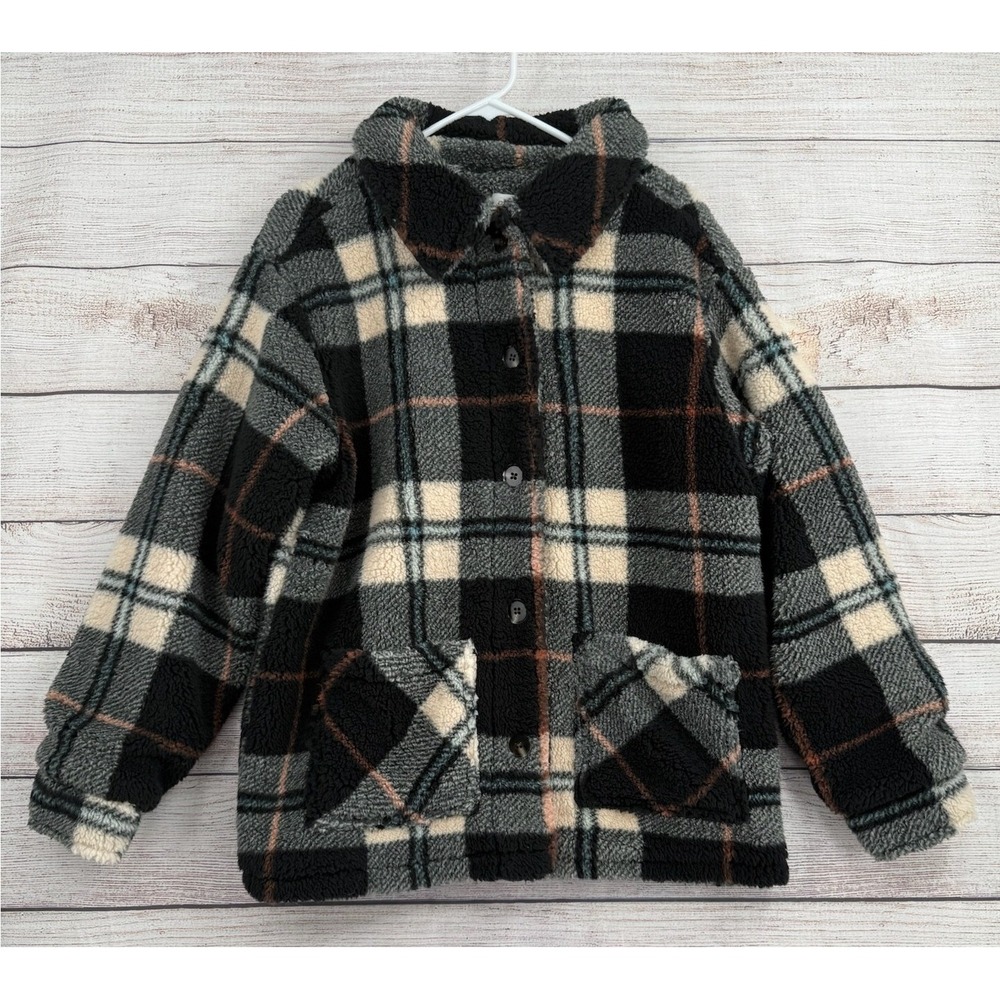 O'Neill Sherpa Fleece Jacket Women M Black Plaid Faux Fur Button Front Coat